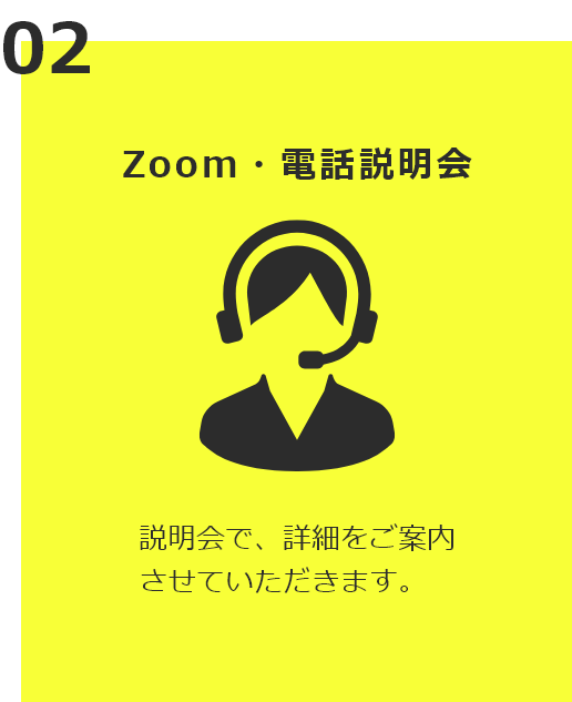 淡路島バーガー開業までの流れ 02 ZOOM・電話説明会 説明会で、詳細をご案内させていただきます。